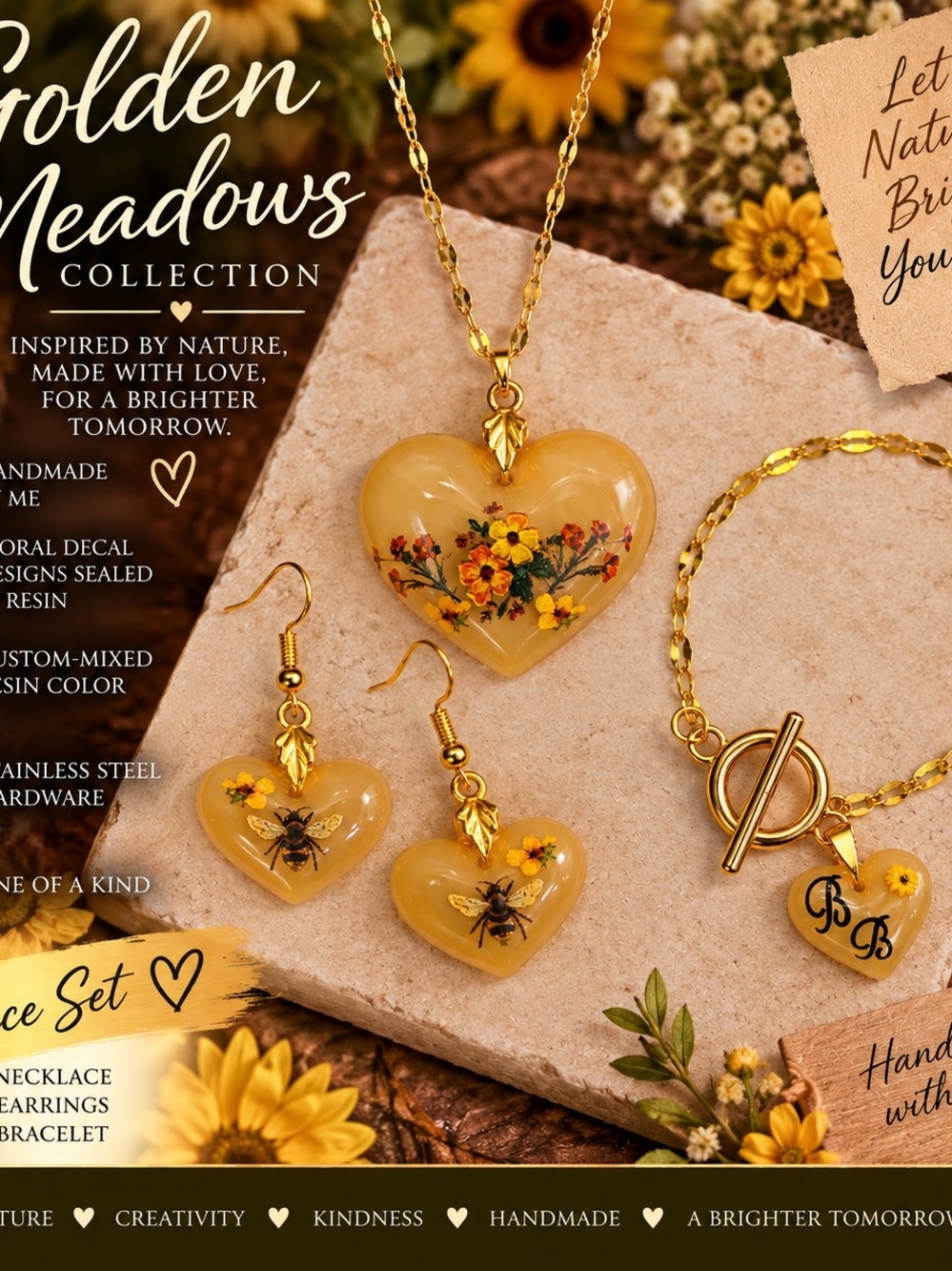 Handmade Golden Meadows Resin Jewelry 3 Piece Set Necklace Earrings Bracelet